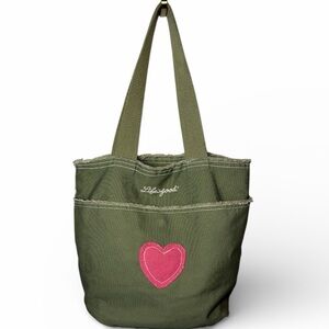 Life is Good Olive Green Heart Canvas Tote